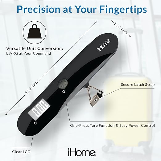 iHome Digital Luggage Scale - 110lbs Portable Suitcase Scale with LCD Display - Luggage Weight Scale (220LSGL2BL)