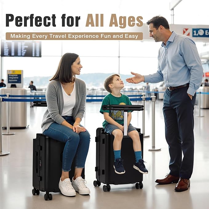 smilesun 20" Adjustable Fence Luggage with Seat, Carry On Suitcase for Kids & Adults, 200lbs Support, 360° Silent Wheels with TSA Lock, Tablet & Cup Holder(Black)