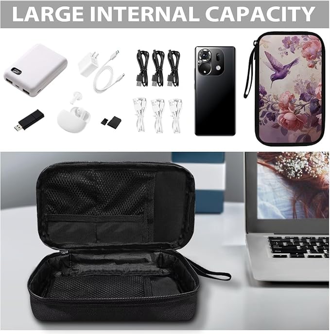 Purple Hummingbird Cord Organizer Travel Portable Electronic Organizer Travel Case Tech Pouch for Cable Cord Charger Phone Earphone Power Bank