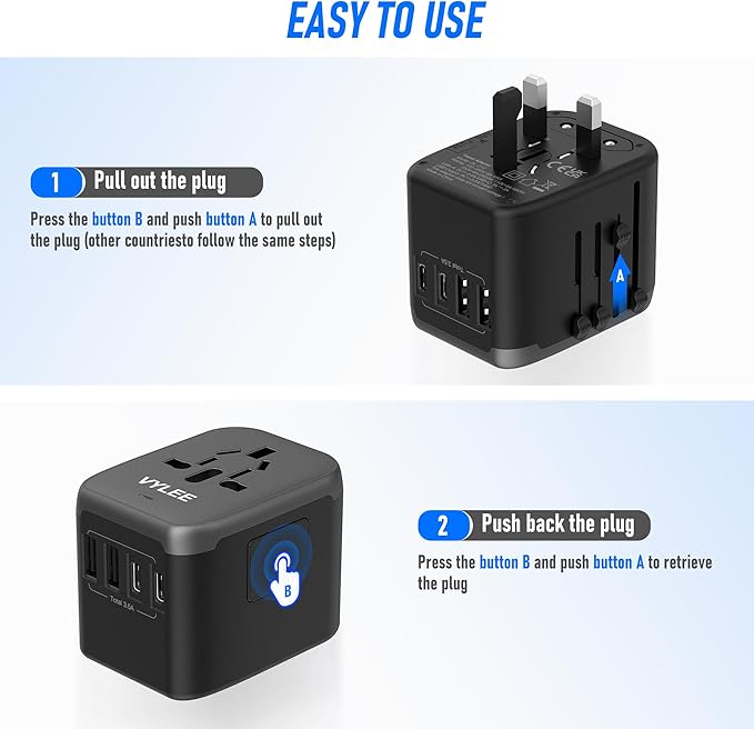 VYLEE Universal Travel Adapter, 5 in 1 International Power Adapter with 3.5A 2xUSB-A & 2xUSB-C Ports, Travel Plug Adapter Worldwide for Europe USA UK AUS Travel Essentials (Black Grey)