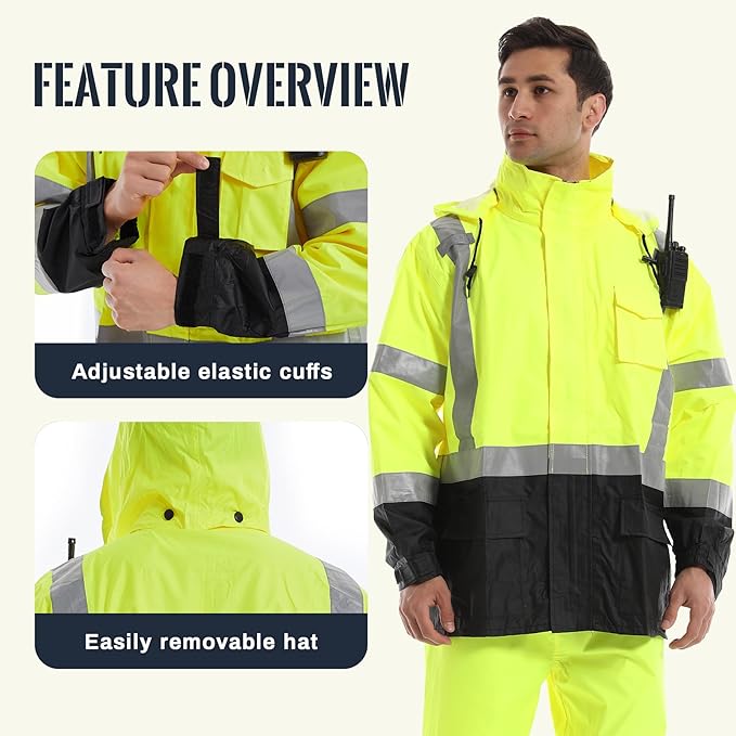 SKSAFETY Hi Vis Safety Rain Jacket for Men, Construction Work Rain Gear Heavy Duty Class 3 Rain Coat Waterproof Lightweight