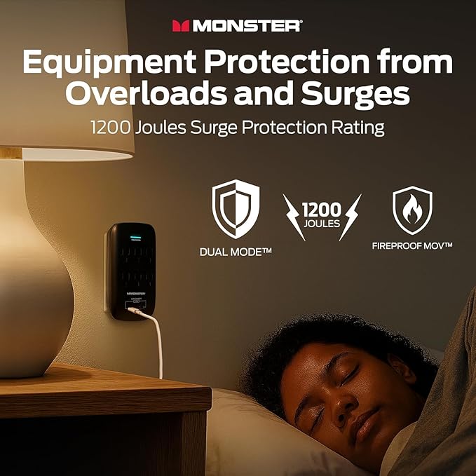 Monster 6 Outlet Wall Plug Surge Protector w/ 1,200 Joules Rating — Safe, Reliable Outlet Extender w/ 1 USB-A, 1 USB-C Charging Ports — Fireproof MOV, ETL Listed, Dual Mode Wall Tap (Black)