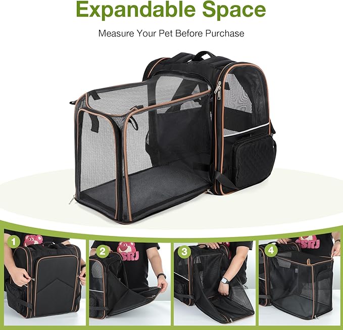 Large Cat Backpack Carrier Expandable Pet Carrier Backpack for Small Dogs Medium Cats Fit Up to 18 Lbs, Dog Backpack Carrier, Foldable Puppy Backpack Carrier for Travel,Black