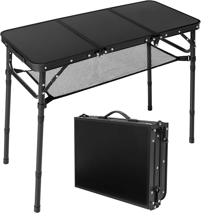 Folding Camping Table with Storage Net,3ft Portable Aluminum Folding Table with 3 Adjustable Height Max 27.3 Inch for Outdoor Backyard BBQ Picnic Cooking Tents Beach Indoor Bedroom（Black）