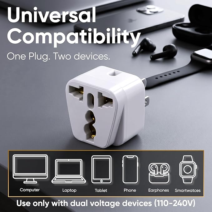 UK to US Travel Adapter, India to US Plug Adapter, Unidapt Adapters for USA, 2-Pack, Plug Converter, USA Travel Adapter, EU to US with Dual Inputs, Universal to American Outlet Plug