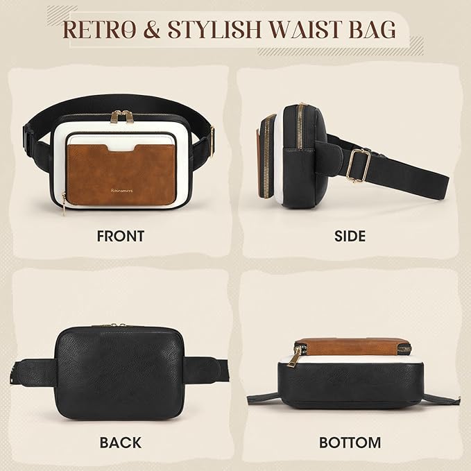 RAINSMORE Fanny Packs for Women, Leather Belt Bag Waterproof Everywhere Crossbody Waist Pack with Adjustable Strap Retro Sling Chest Bag for Work Running Travel Party, Black and Brown with White