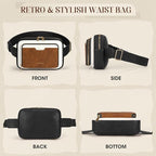 RAINSMORE Fanny Packs for Women, Leather Belt Bag Waterproof Everywhere Crossbody Waist Pack with Adjustable Strap Retro Sling Chest Bag for Work Running Travel Party, Black and Brown with White