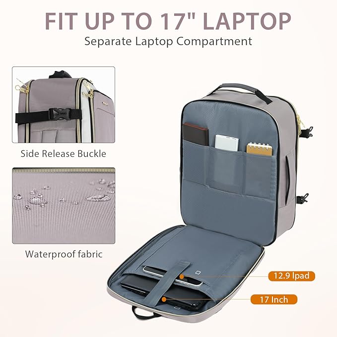 KROSER Laptop Backpack Large Computer Backpack Fits up to 17 Inch Laptop Water-Repellent 40L Travel Backpack Casual Daypack for Business/College/Women/Men-Beige/Dusty Pink/Grey