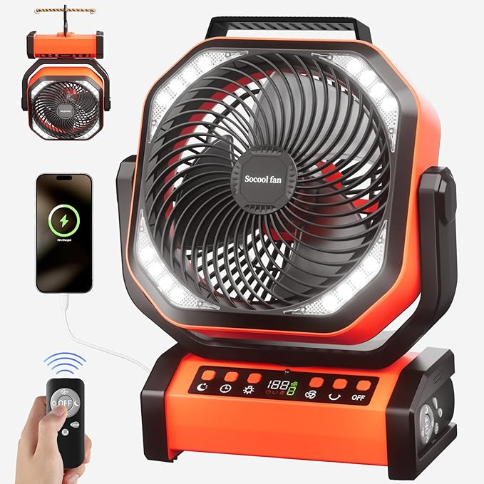 Socool Camping Fan with Light, 20000mAh Rechargeable Battery Fan with Remote, 112Hrs & 8 Speeds, Digital Display, Timer, Auto Oscillation, 270° Pivot & Hook for Outdoor Tent, Hurricane, Power Outage