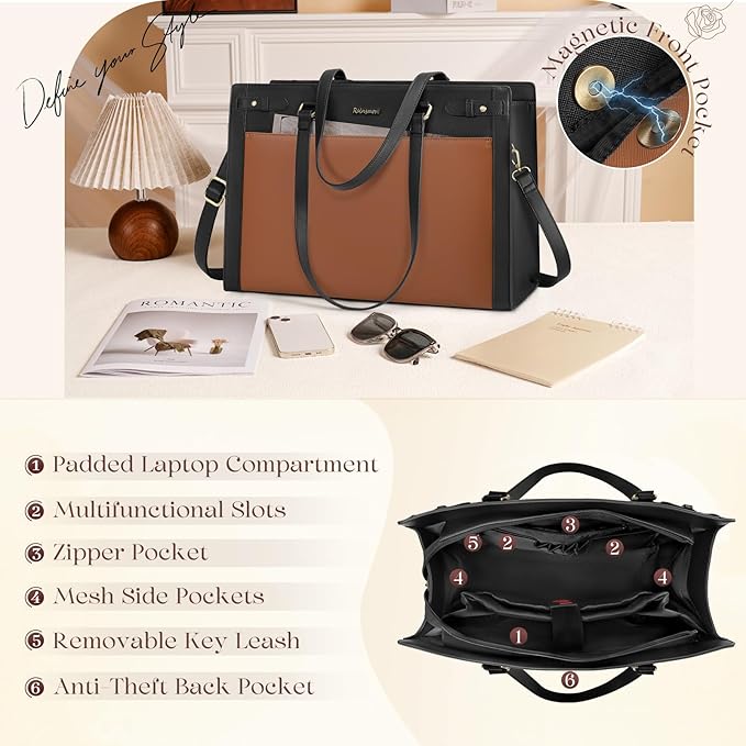 RAINSMORE Laptop Bag for Women 15.6 Inch PU Vegan Leather Work Tote Bag Waterproof Womens Briefcase Designer Computer Bags for Office Teacher College Travel Large Tote Purse Professional Black & Brown