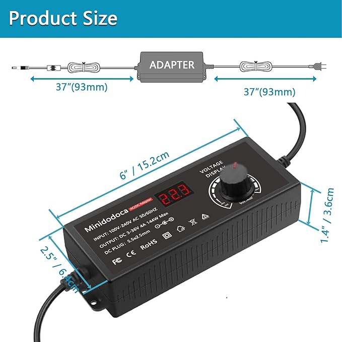 144W Power Supply Adjustable DC 3V ~ 36V Variable Universal Switching AC/DC Adapter Minidodoca AC to DC Converter with LED Voltage Display and 16 Tips, for 3V to 36V Household Electronics - 4000mA Max