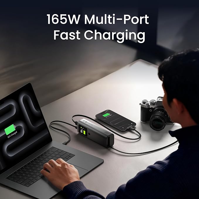 sharge Retractable 165 Power Bank with Built-in Cable 165W Total Output 20000mAh Power Bank 3-Port Fast Charging, Smart Digital Display, High Capacity External Battery Pack for Laptop, iPhone 17