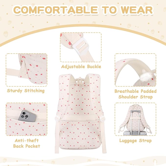 PIG PIG GIRL Corduroy Backpack Kids Backpack for Girls School Bags for Middle School Students Book Bag for Elementary Primary Kawaii Ita Backpack, Beige Strawberry