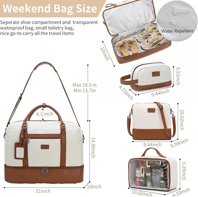 Wogarl 4PCS Weekender Bags for Women Large Overnight Weekend Travel Duffel Carry on Shoulder with Shoe Compartment Canvas Toiletry Bag for Travel Business Gym