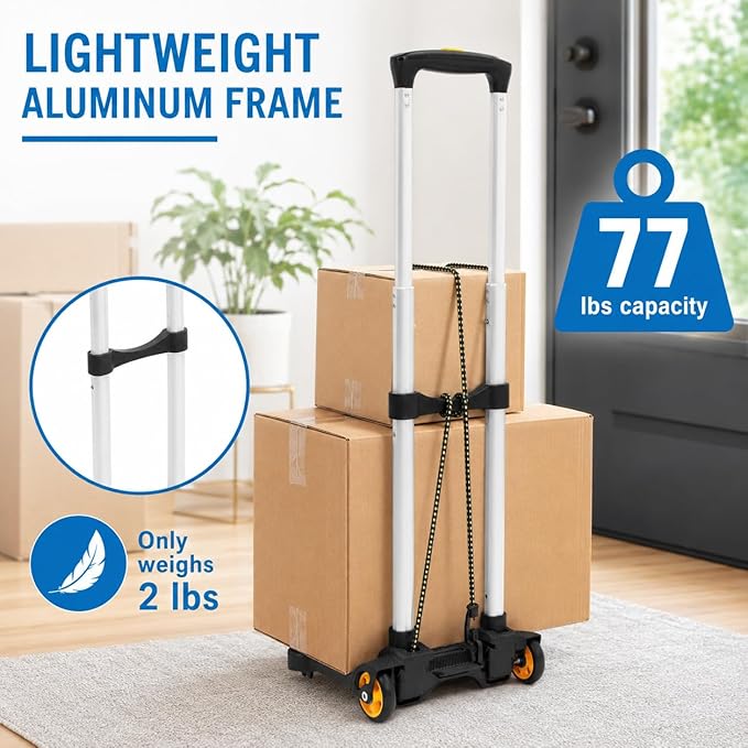 Mount-It! Folding Luggage Cart with Wheels, Foldable Hand Truck Dolly Carries 77 lbs, 4 lbs Lightweight, Fits Carry-On, Telescoping Handle, Bungee Cord