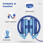 SIMOLIO Kids Headphones for School Age, Wired Headsets with Microphone Volume Limiter Sharing Jack, Adjustable & Sturdy, Tangle-Free Foldable Stereo Headphone for Boys Tablet Travel (Blue)