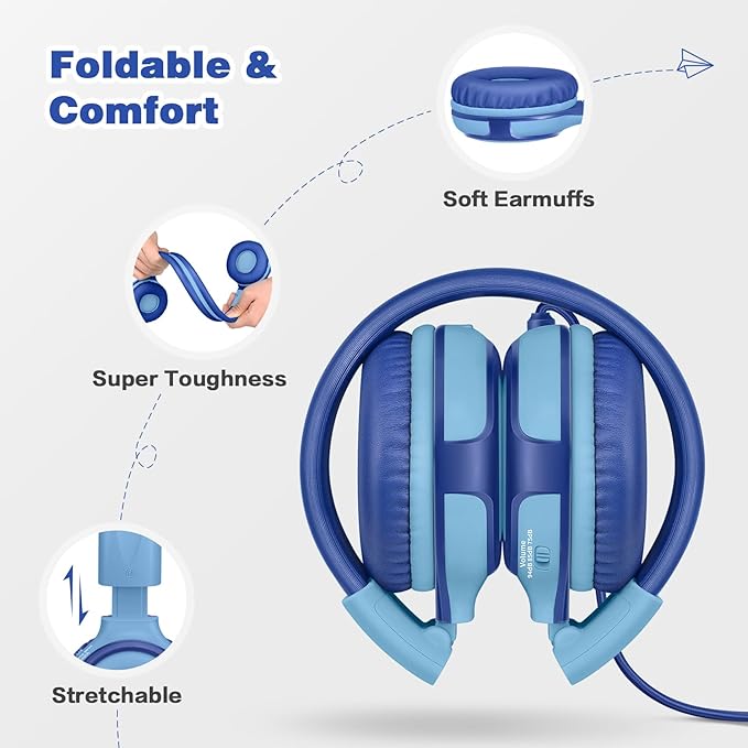 SIMOLIO Kids Headphones for School Age, Wired Headsets with Microphone Volume Limiter Sharing Jack, Adjustable & Sturdy, Tangle-Free Foldable Stereo Headphone for Boys Tablet Travel (Blue)