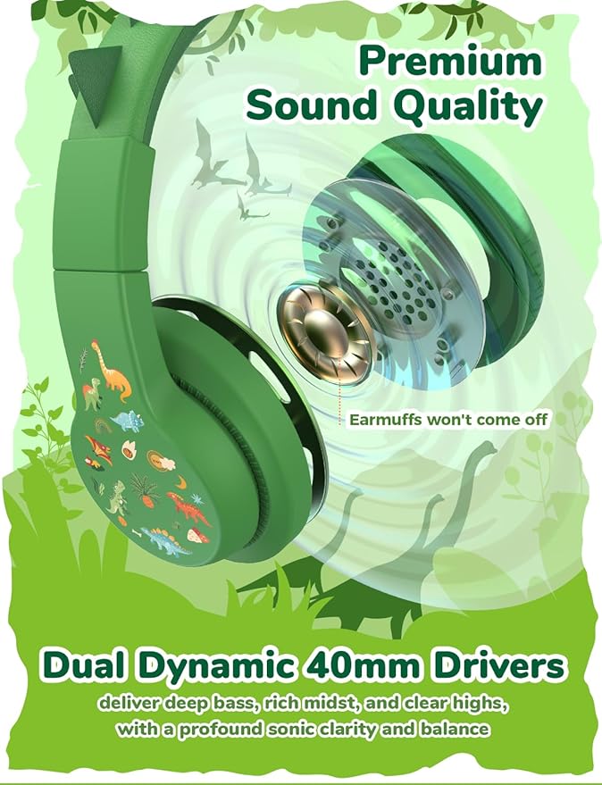 iClever Kids Headphones for School Travel, Safe Volume 85dBA, Stereo Sound Over-Ear for Kid, Foldable 3.5mm Wired Dinosaur Headphones for iPad Computer, HS19S