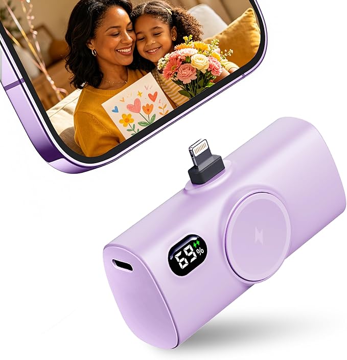 Little Portable Charger Battery Pack for IPhone,Tiny Power Phone Bank 5000mah Compatible with iPhone 14/14plus/14pro/14 pro max/13 pro max/13 pro/13 mini/13 pro max/12/12 mini/12 pro/12 pro max-Purple