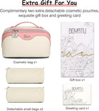 BOYATU Travel Makeup Bag Organizer Cosmetic Bag: 3 Pcs Set Make up Bags for Women with Handle - Waterproof Vegan Leather Toiletry Bags Travel Essentials Pouch with Compartments (A-08-White)