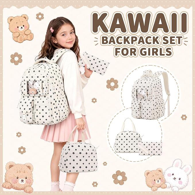 PIG PIG GIRL Corduroy Backpack 3PCS Kids Backpack for Girls School Bags for Middle School Students Book Bag for Elementary Primary Kawaii Ita Backpack with Lunch Box Pencil Case Set, Flower