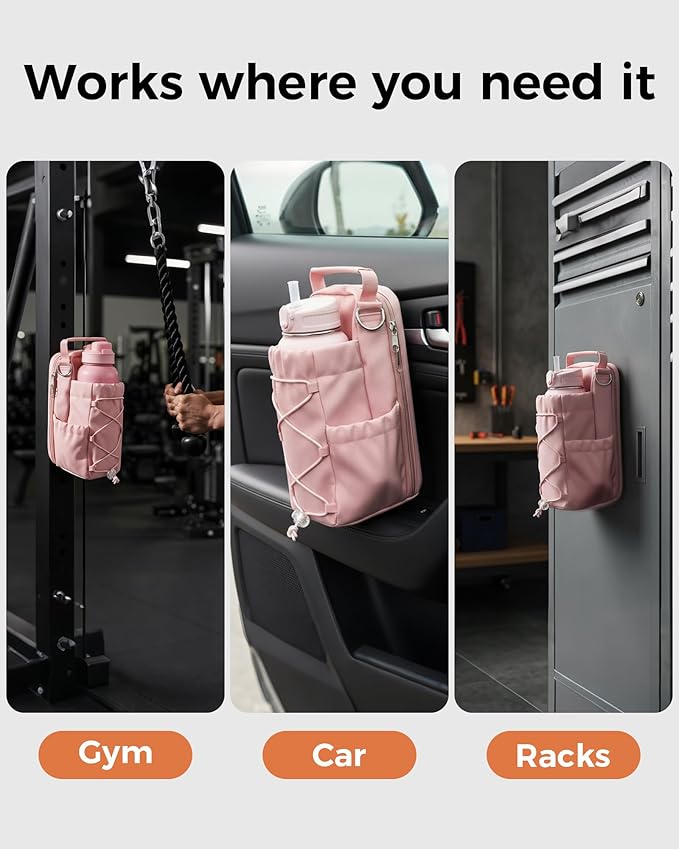 Magnetic Gym Bag for Men Women-Water Bottle Carrier Holder with Strap & Phone Pockets for 40oz Tumbler with Handle, 4 Built-in Magnets Small Gym Bag for Sports, (Pink)