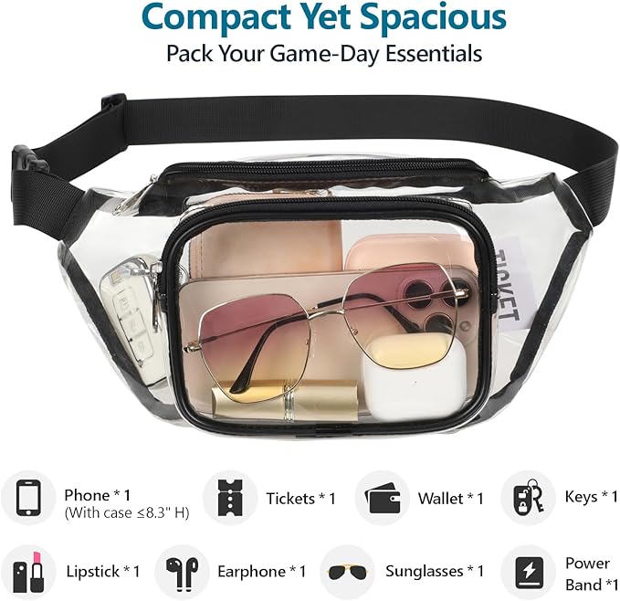 Veckle Clear Fanny Pack Stadium Approved - Adjustable 33-47 Inch Strap, Transparent Belt Bag for Women Men Fits 7.5-inch Smartphone, Waist Bag Clear Bag for Stadium Events, Sport, Concerts, Black