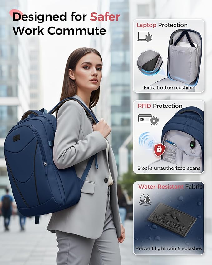 MATEIN HER Laptop Backpack with Lunch Compartment, Water Resistant Work Backpack for Office Commute with Water Bottle Holder & RFID Pocket, Teacher Nurse Travel Bag Fits 17.3'' Computer, Blue