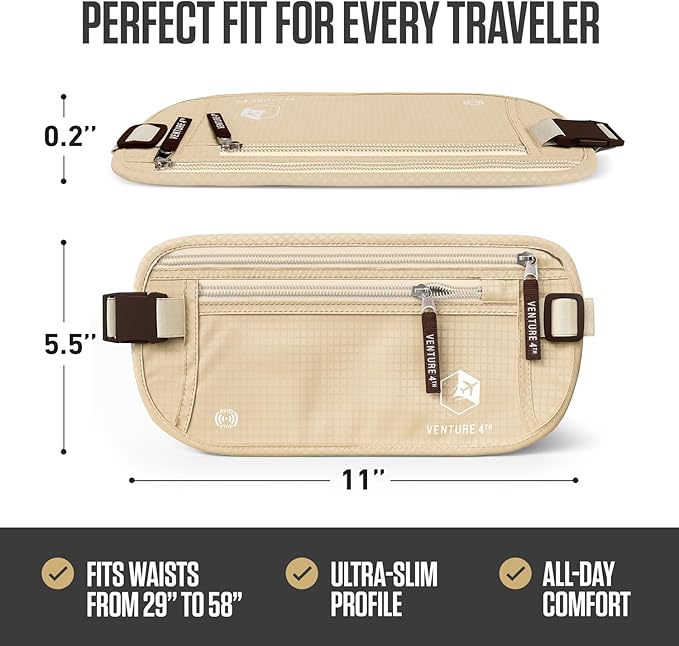 VENTURE 4TH RFID Money Belt for Travel with RFID Blocking Sleeves – Slim Hidden Travel Wallet & Passport Holder for Men & Women, Lightweight Anti-Theft Pouch to Protect Cash, Cards & Documents - Beige