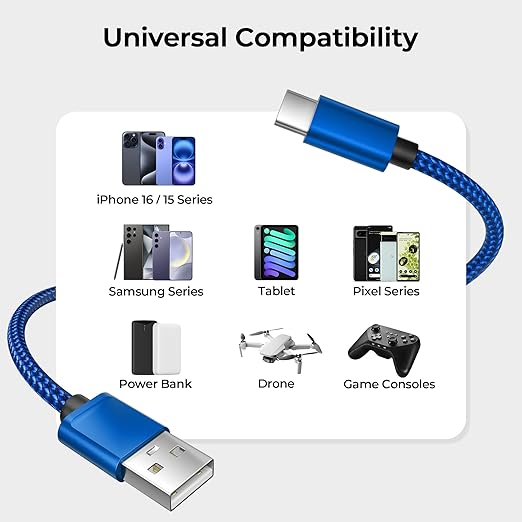Basesailor for iPhone 17 16 Pro Max Charger Cord,USB to USB C Cable,Type C Charging Power Cord for Apple 17e 15 iPad 10 Air 4 5,Samsung Galaxy S26 S25 S24 S23,Blue,2Pack 10FT(3M)