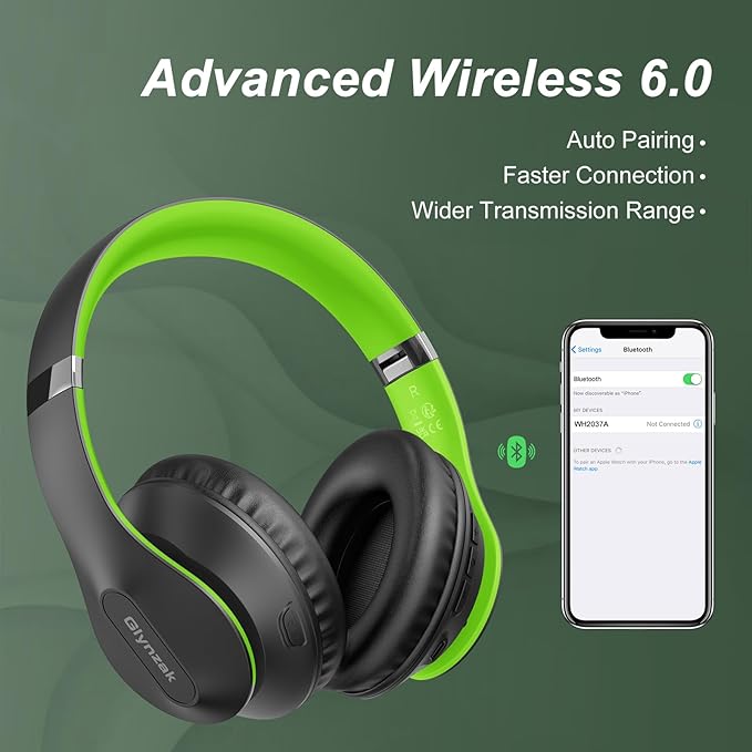 Wireless Bluetooth Headphones Over Ear 65H Playtime HiFi Stereo Headset with Microphone and 6EQ Modes Foldable Bluetooth V6.0 Headphones for Travel Smartphone Computer Laptop