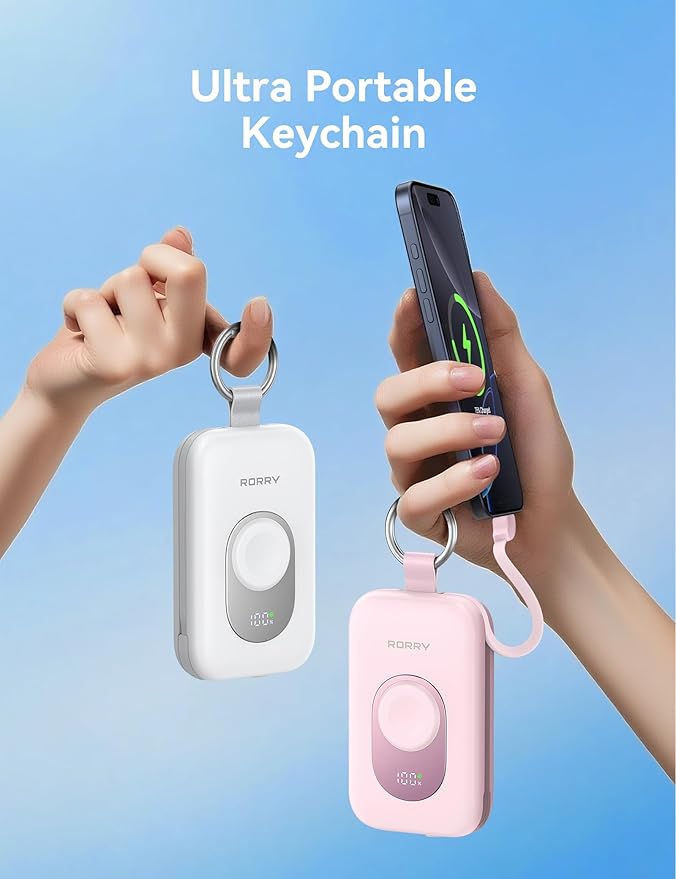 RORRY CharmGo Portable Charger, 20000mAh PD 30W Portable Charger Power Bank with 2 Built-in Cables, Fast Charging Battery Pack with Keychain, Travel Essentials for iPhone, Apple Watch, iPad, White