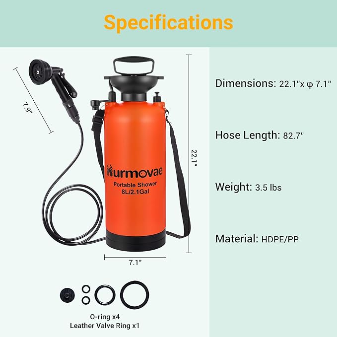 Portable Shower, 2.1Gallon (8L) &10 Spray Modes | Pressurized Beach Shower for Camping Travel & Sand, Camping Shower, Surf Shower, Portable Water Sprayer, Nylon Insulated Cover, Orange