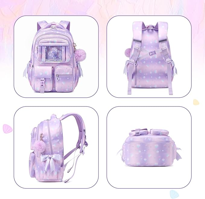 PIG PIG GIRL Kids Backpack for Girls - School Bags for Middle School Students - Book Bag for Elementary Primary - Kawaii Ita Backpack - Purple Shell