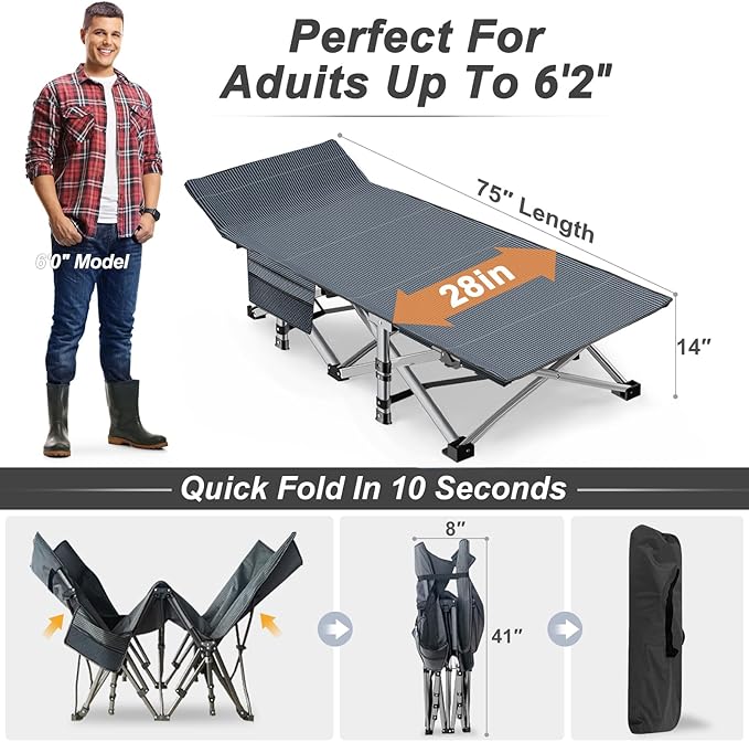 ABORON Camping Cot for Adult 28" Extra Wide, Heavy-Duty 1200D Oxford Cot for Sleeping, Portable Folding Camp Bed with Mat & Carry Bag