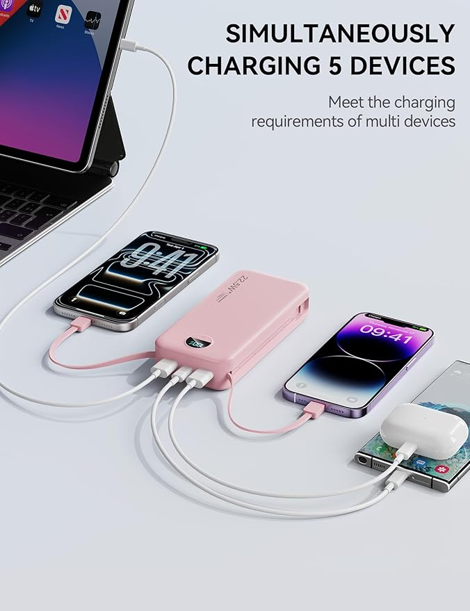 Portable Charger, 20000mAh 22.5W Fast Charging Power Bank with Built-in Cables & Wall Plug, USB C External Battery Pack with LED Display, Travel Essentials Phone Charger for iPhone iPad Samsung Pink