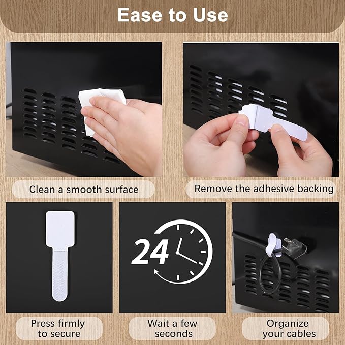 100 Pcs Hook and Loop Cable Ties, Self Adhesive Cable Management Desktop Cable Straps, Adjustable Cord Organizer for Desk Home Office Organization (White)