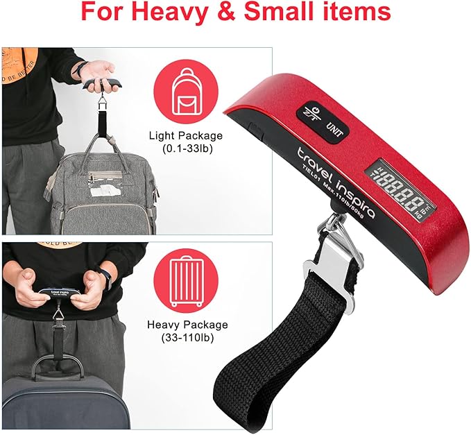 travel inspira Luggage Scale, Portable Digital Hanging Baggage Scale for Travel, Suitcase Weight Scale with Rubber Paint, Temperature Sensor, 110 Pounds, Battery Included