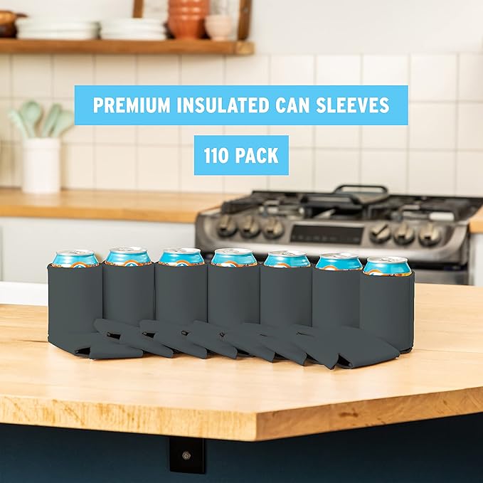 Blank Beer Can Cooler Sleeves (110-Pack) Soft Insulated Beer Can Coolies - HTV Friendly Blank Koolies in Bulk for Beer Cans & Bottles - Coolie Blanks for Vinyl Projects & Wedding Favors (Charcoal)