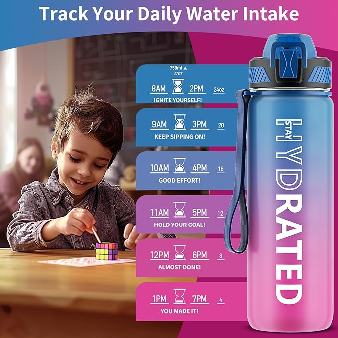 QLUR Water Bottle with Straw, 27oz Motivational Water Bottles with Time Marker to Drink, Tritan BPA Free, 750ml Sports Water Bottle with Carry Strap LeakProof for School Fitness Outdoor (1Pack)