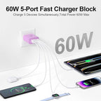 USB C Charger Block, 60W 5-Port Type C Charger Fast Charging Block, USBC USB Multiple Port Wall Charger Plug Adapter for iPhone 17/Air/16/15/14/13/12/11 Pro Max, Samsung Galaxy, iPad, Tablet (Purple)