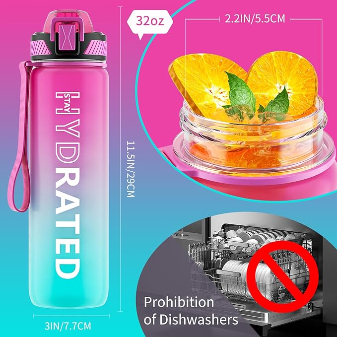 QLUR Water Bottle with Straw, 32oz Motivational Water Bottles with Time Marker to Drink, Tritan BPA Free, 1L Sports Water Bottle with Carry Strap LeakProof for Women Gym Fitness Outdoor (1 Pack)