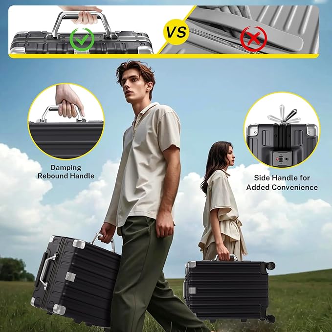 Krute Zipperless Luggage 24 Inch Aluminum Frame Suitcase with Spinner Wheels PC+ABS Hardide Checked Luggage TSA Approved No Zipper Travel Suitcase Black