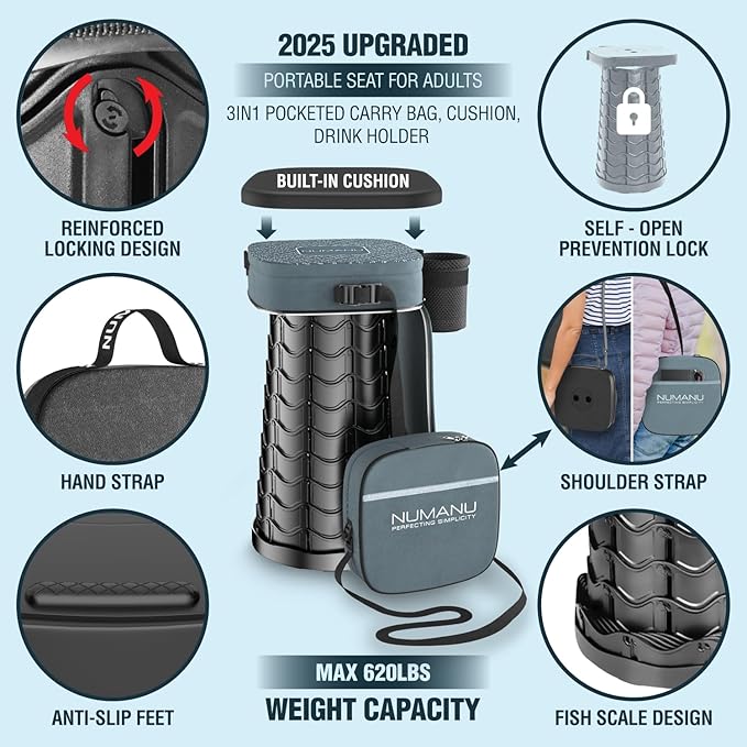 NUMANU 2026 Upgraded Collapsible Stool & 3IN1 Cushioned Carry Bag, Max 620lbs, 18" Height Adjustable Portable Stool Retractable Telescoping Seat, Foldable Camping Stool for Adults or Footrest (Square)