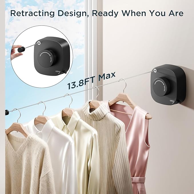 FORIOUS Retractable Clothesline Indoor 13.8 Ft, 304 Stainless Steel Non-Sagging Outdoor Clothes Line,Rustproof Heavy Duty Clothes Drying Laundry Line, Screw Wall Mounted for Bathroom, Matte Black