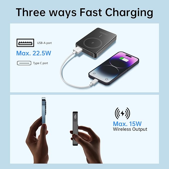 for Magsafe Battery pack,10000mAh Magnetic power bank,Wireless portable charger with stand,Wireless compatible with iPhone12-16 series,Type C and USB20W fast charging for Android Samsung Black