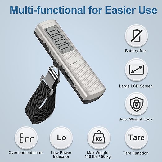 Battery-Free Digital Luggage Scale, 110lbs/50kg Portable Handheld Hanging Scale for Luggages, Suitcases, Backpacks & Bags, Easy Weighing for Travel, No Need Batteries (Champagne)