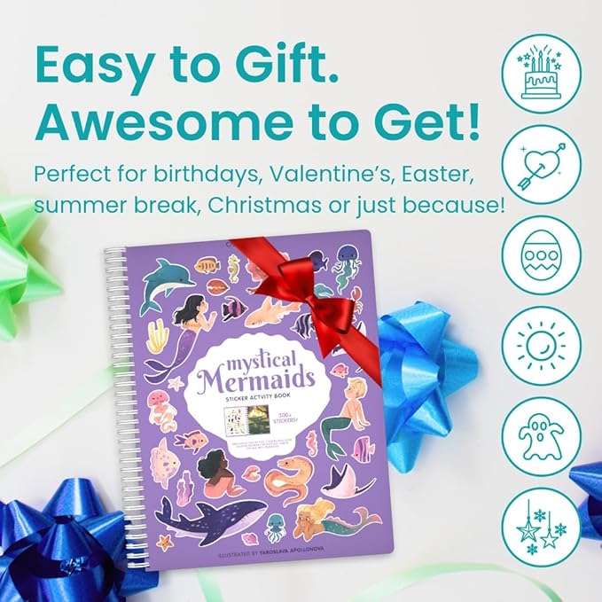 Mystical Mermaids 300+ Kids Sticker Book by Cupkin Toddler Travel Activity Coloring and Sticker Book, Road Trip Essentials, 8 Coloring Pages 8 Side by Side Scenes for Ages 2–8 Years