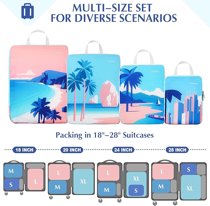Gonex Compression Packing Cubes, 4pcs Expandable Storage Travel Luggage Bags Organizers, Travel Cubes for Suitcase Carry On (Coconut Palm)