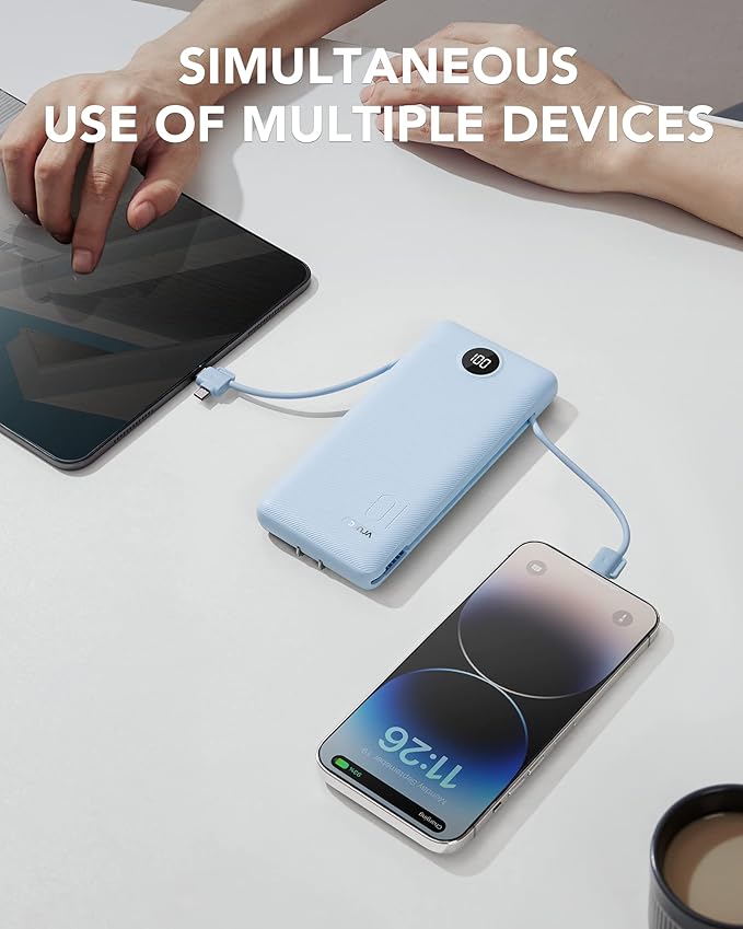 VRURC Portable Charger Built-in Cables and AC Wall Plug, USB C Power Bank 10000mAh, Travel Essentials Phone Charger Compact Lightweight External Battery Pack for Smart Phones, Tablets etc-Blue